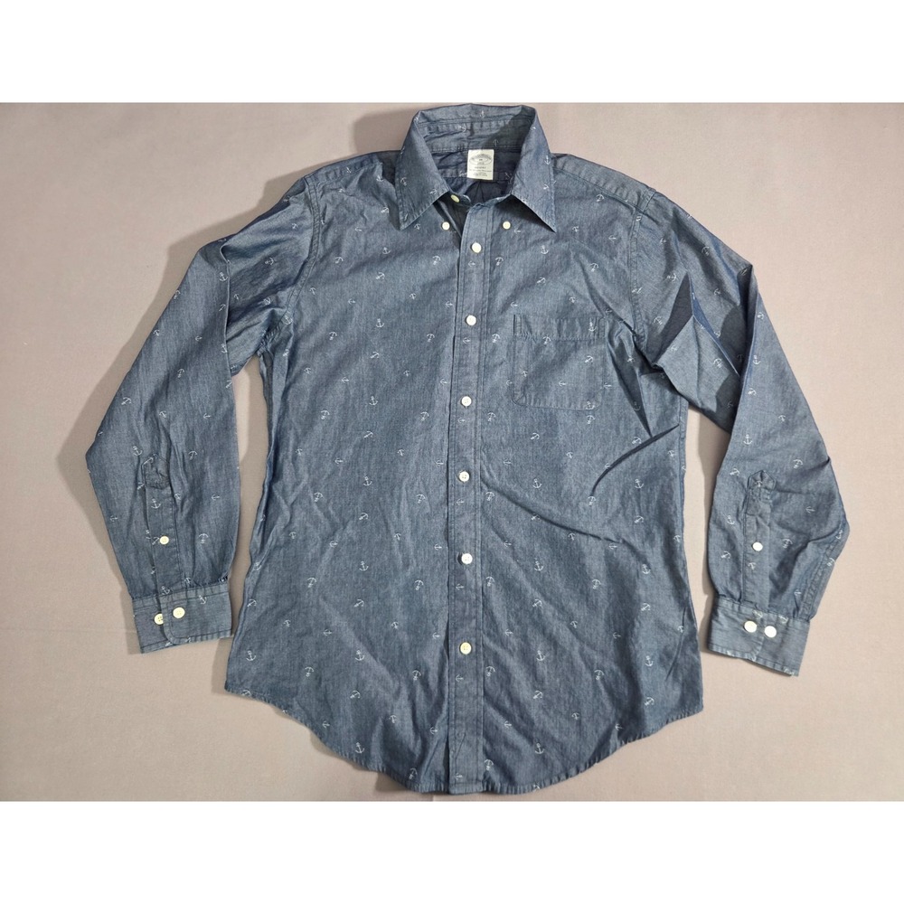 Brooks Brothers Shirt Mens Medium Blue Sail Anchor Chambray Boats Dress Polo - Picture 1 of 7